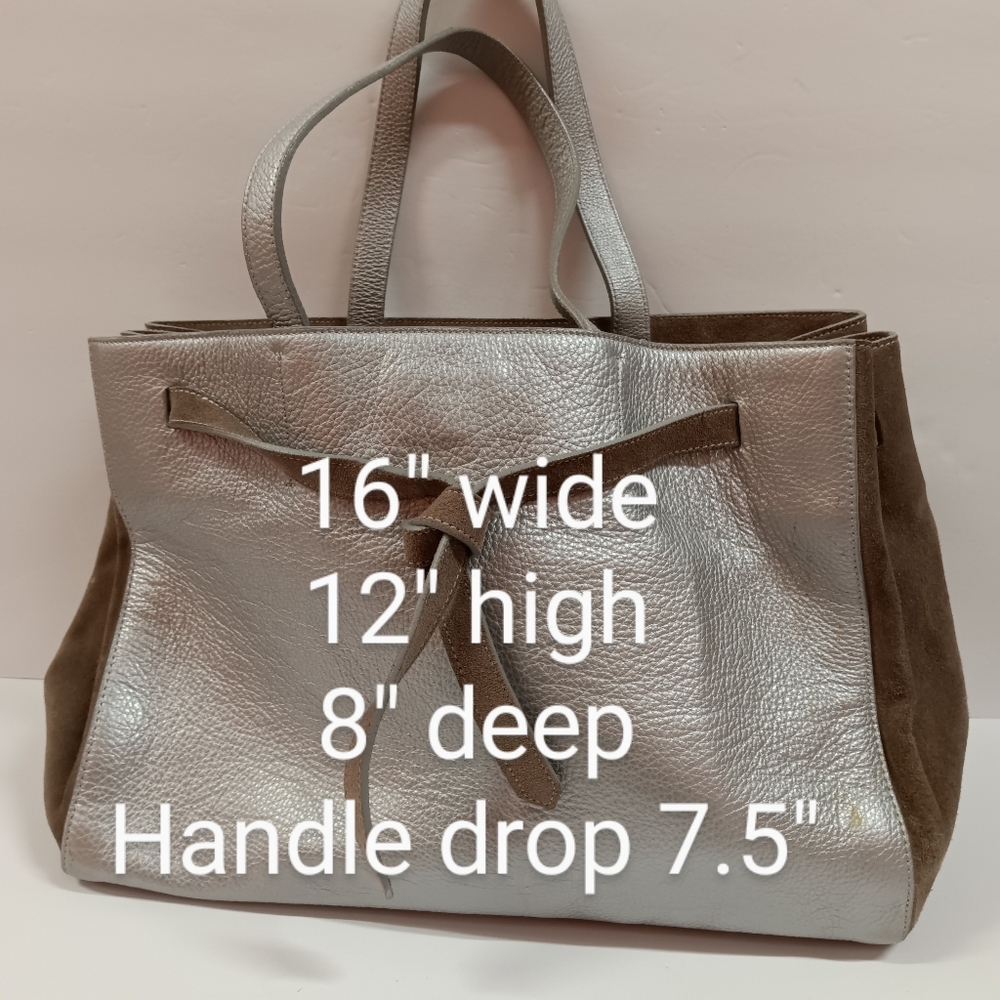 Alberta Di Canio Leather & Suede Tote Metallic Silver Tote Bag Purse - Picture 11 of 12